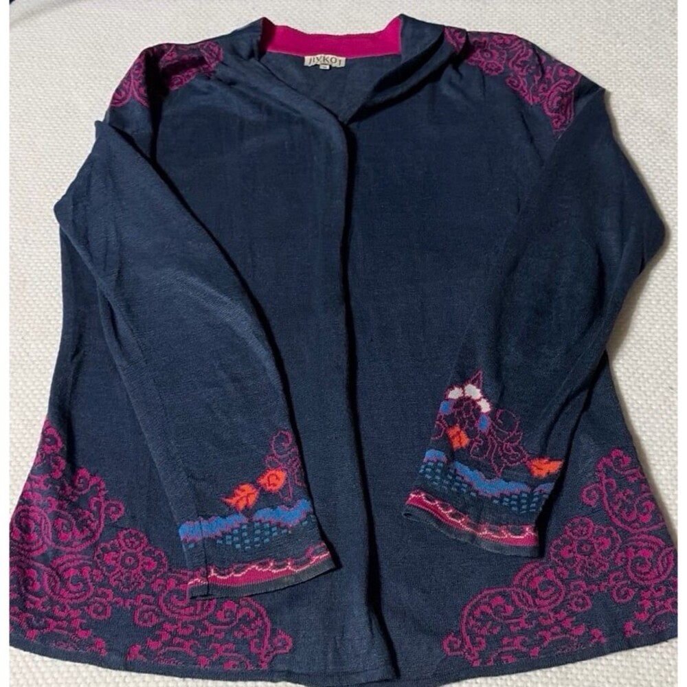 Ivko Woman Blue Knit Cardigan with Pink Floral Embroidery (Size 38 / Medium)